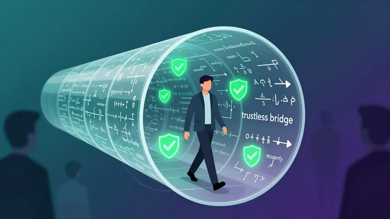 A trustless bridge depicted as a secure tunnel of mathematical proofs and cryptographic symbols.