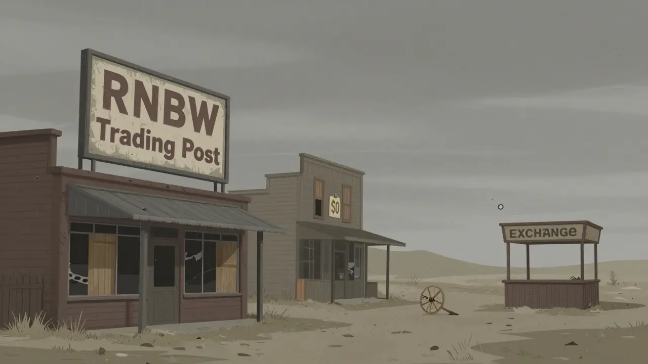 An abandoned ghost town with empty shops and a sign showing zero value for tokens.