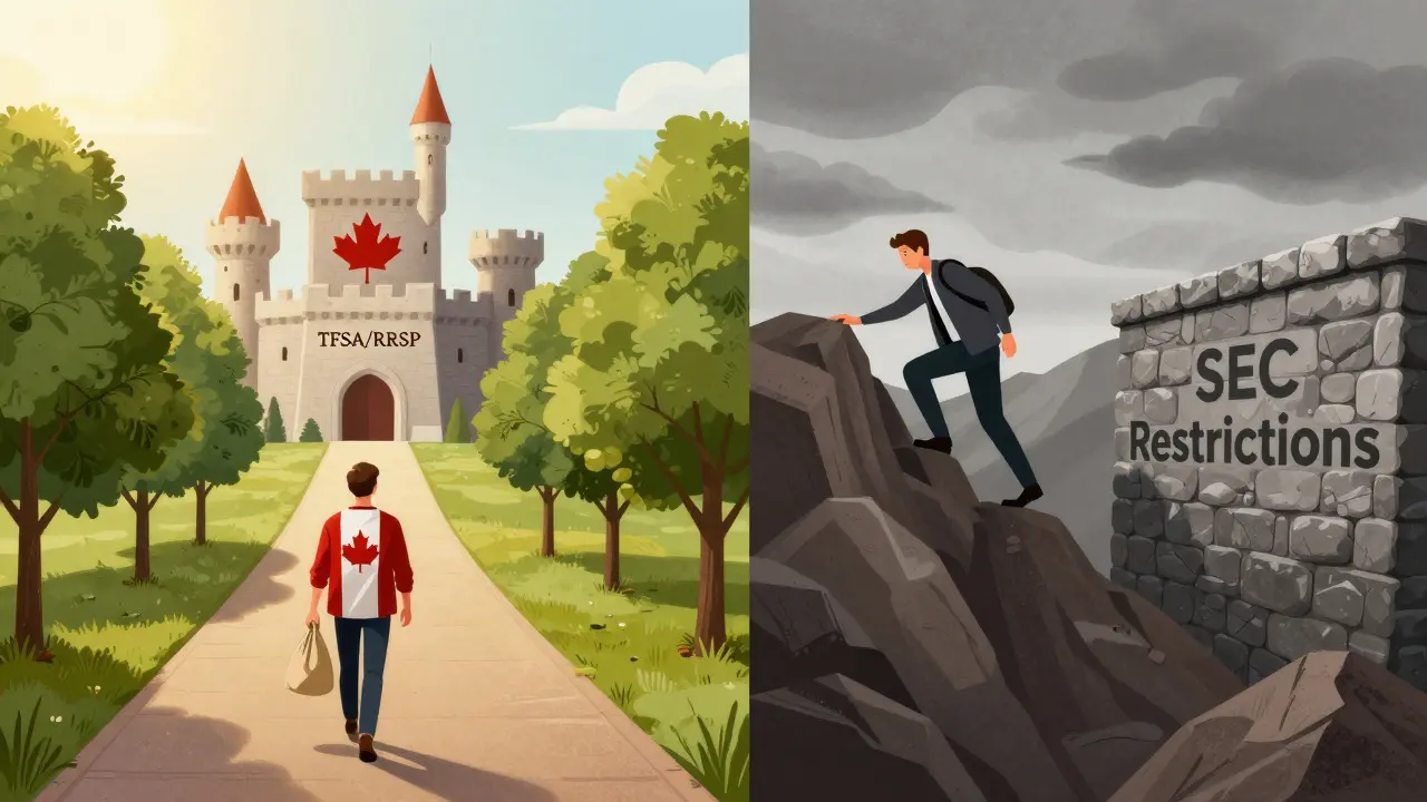 Cartoon comparison of easy Canadian crypto investing vs restricted US market.