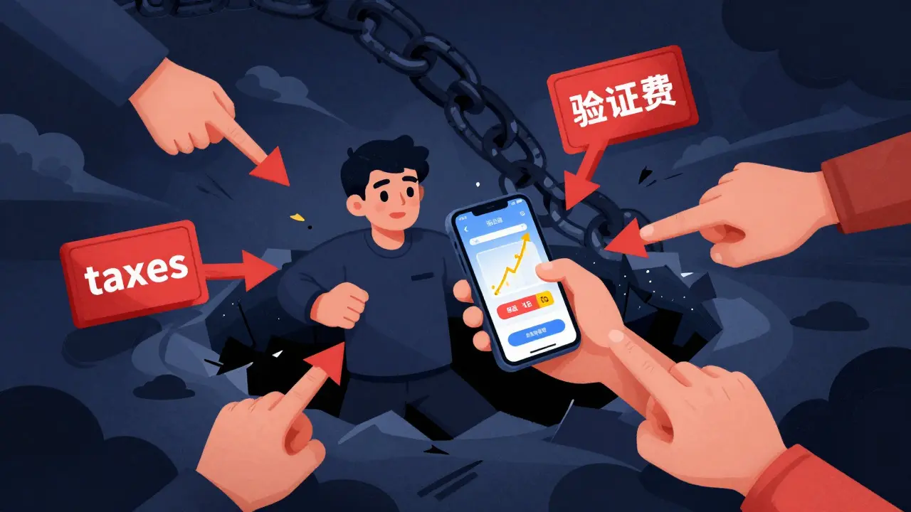Cartoon of a user trapped by fee demands and irreversible crypto losses