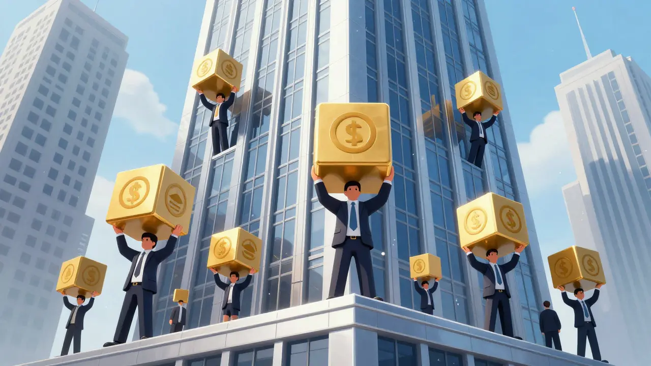 Cartoon of US skyscraper with institutional investors holding golden blocks