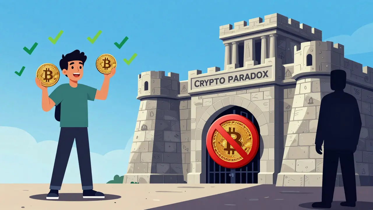 Cartoon showing individuals holding Bitcoin freely while banks are blocked from accepting it.