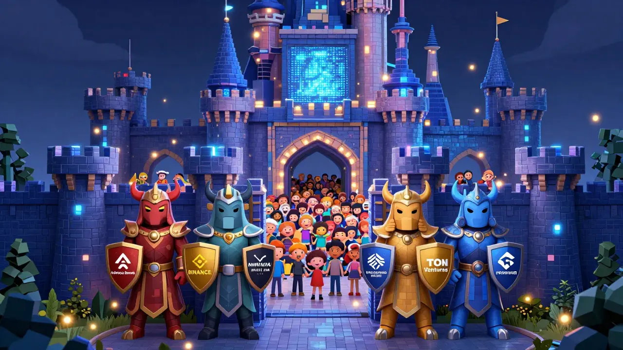 Castle guarded by investor shields with massive user crowd