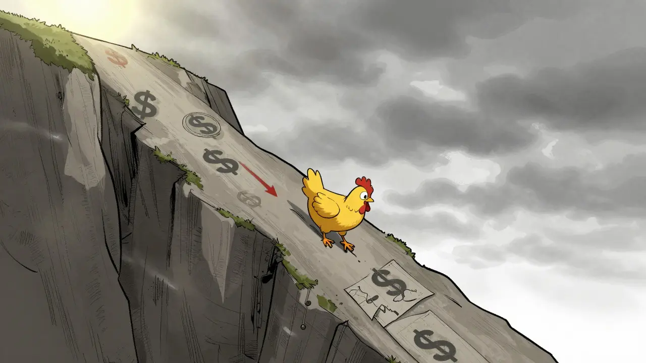 Chicken sliding down cliff of falling value