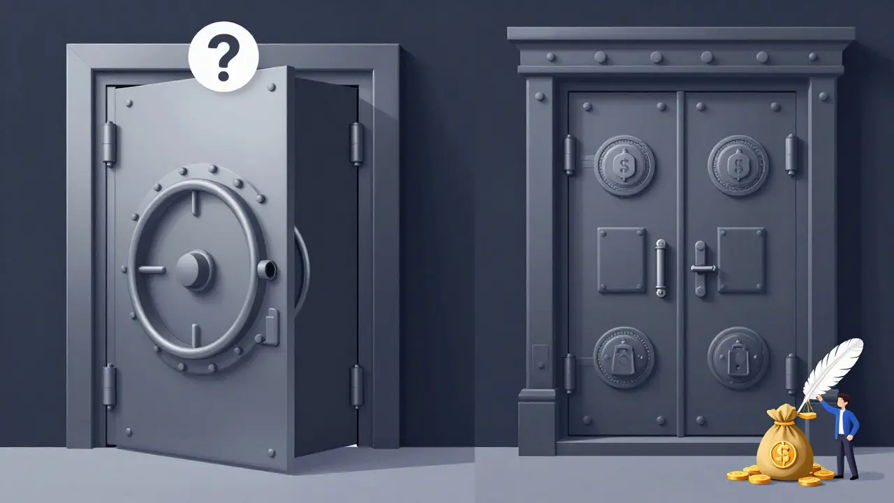 Comparison of an open mysterious vault versus locked regulated bank doors.
