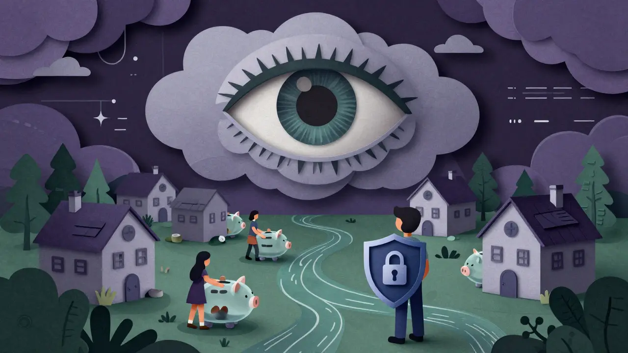 Conceptual art showing privacy concerns with transparent digital wallets.