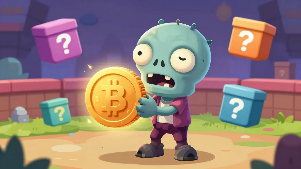 Cute zombie character holding a glowing coin and lootbox