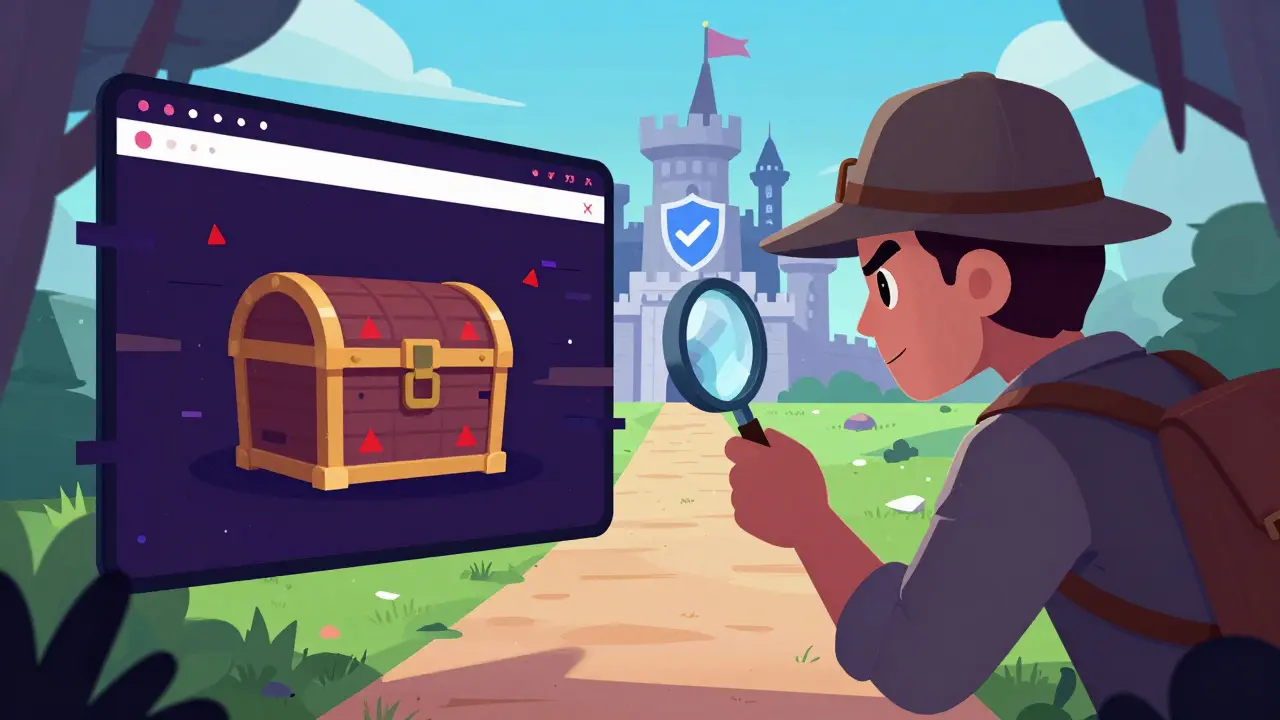 Detective character checking for scams in a colorful storybook style scene.