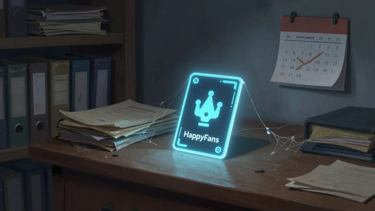 Dusty archive room with an expired NFT airdrop card on a desk.