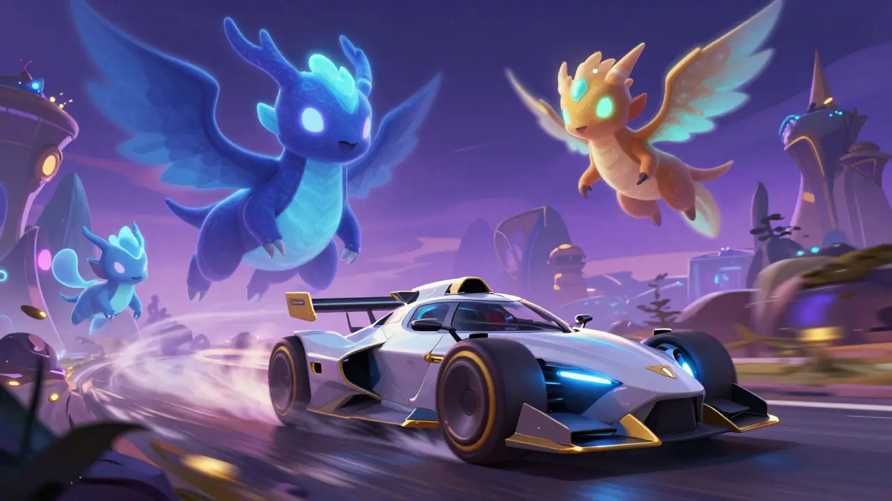 Fantasy creatures and vehicles in a neon-lit sci-fi landscape