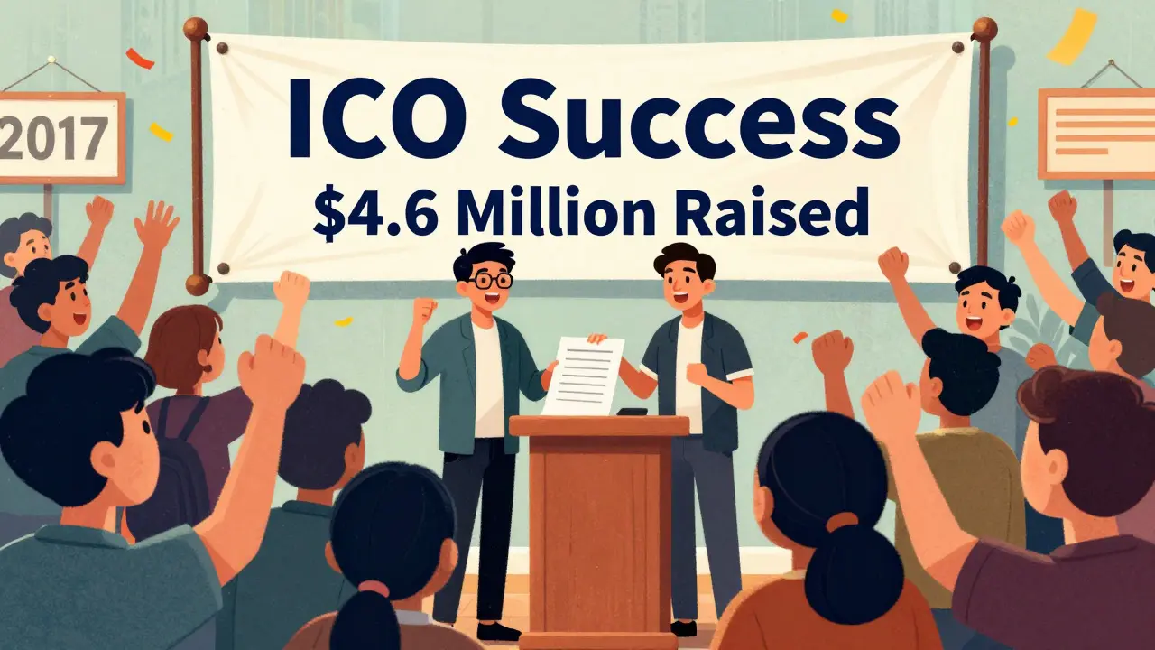 Founders presenting at a crowded 2017 ICO event with banners and confetti.