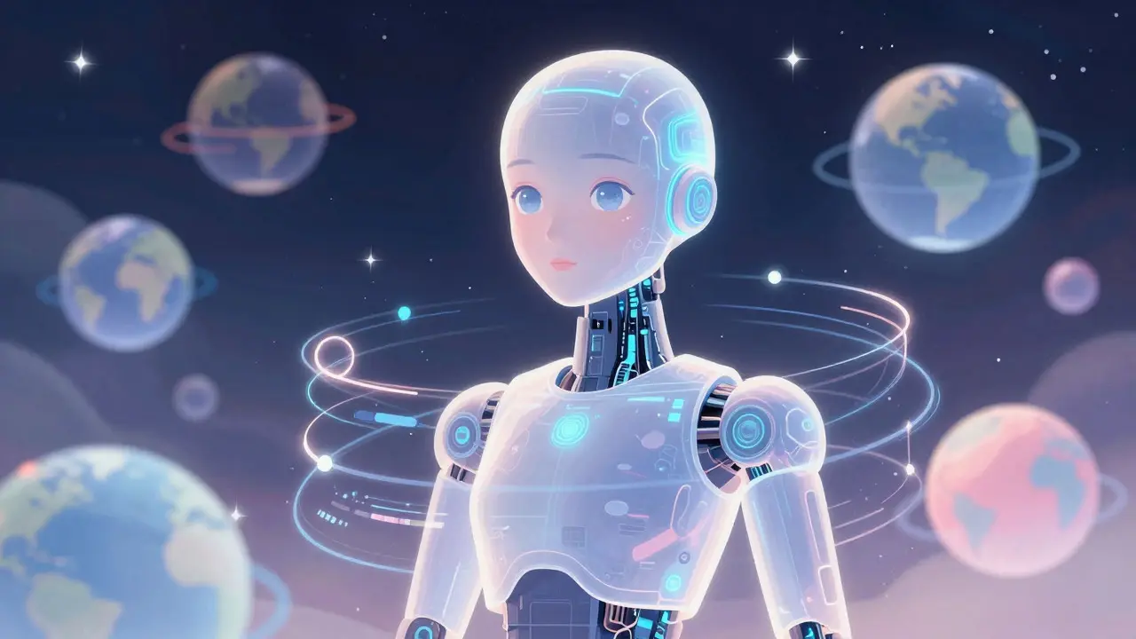 Holographic AI agent surrounded by glowing data connections