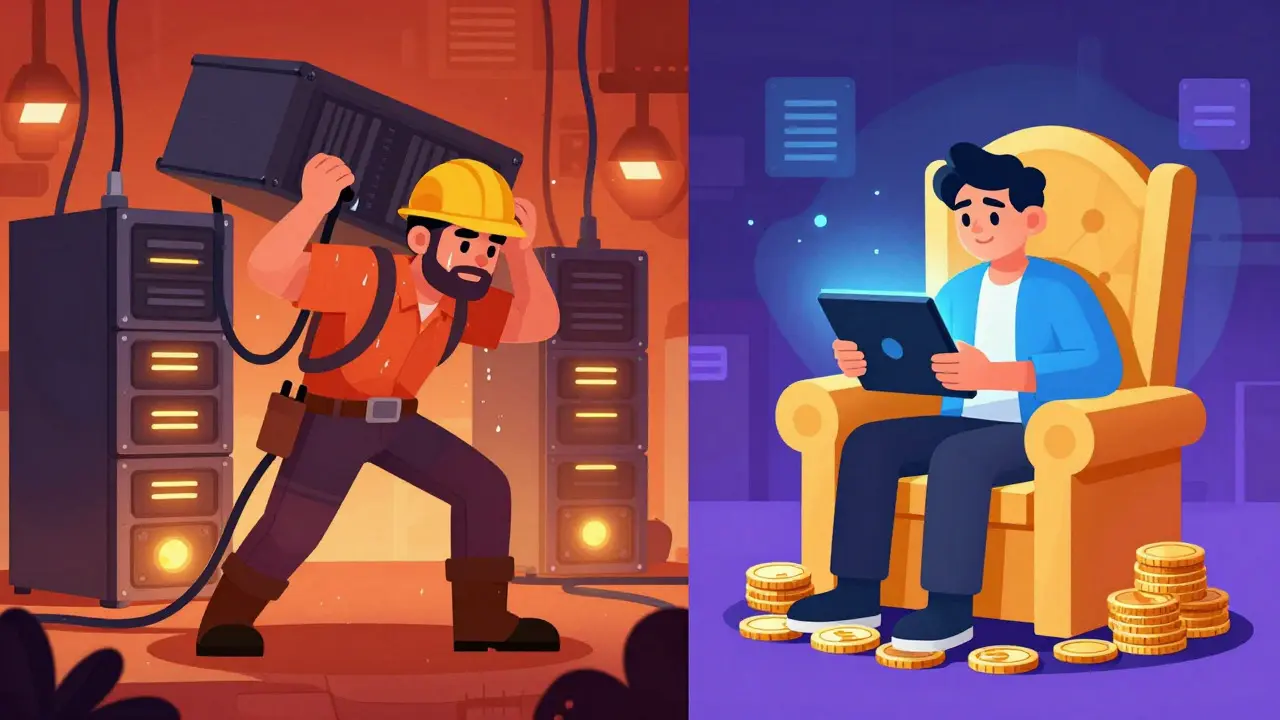 Illustration contrasting a sweating miner with heavy servers and a relaxed validator on coins