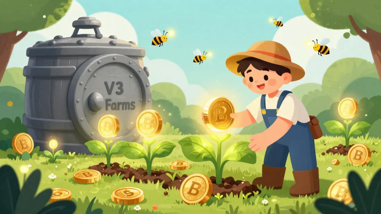 Illustration of a farmer tending to glowing BSW crops in a magical DeFi garden