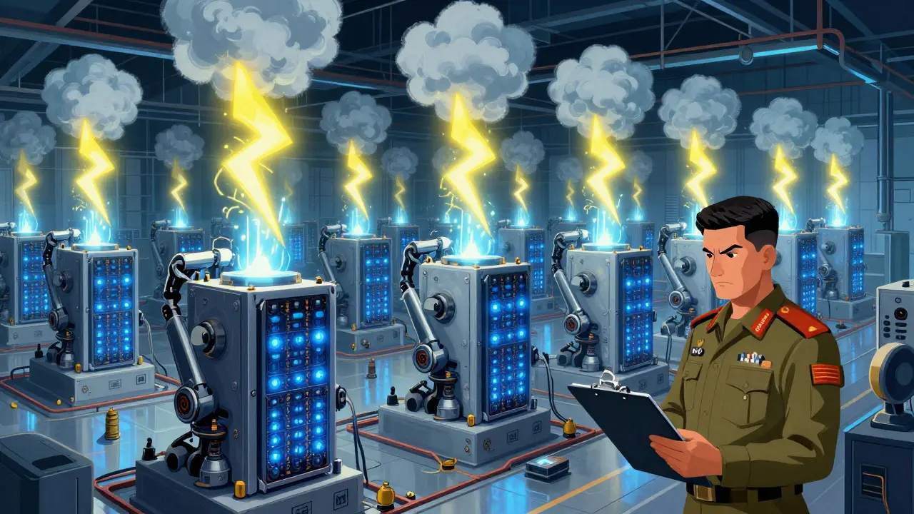 Illustration of a massive state-run Bitcoin mining farm with robotic miners and military oversight.