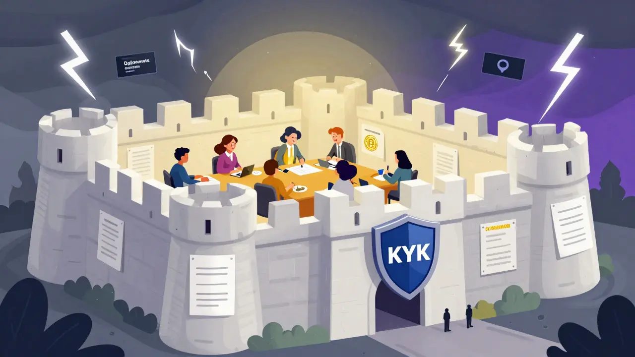 Illustration of a secure exchange fortress protecting users from external scams