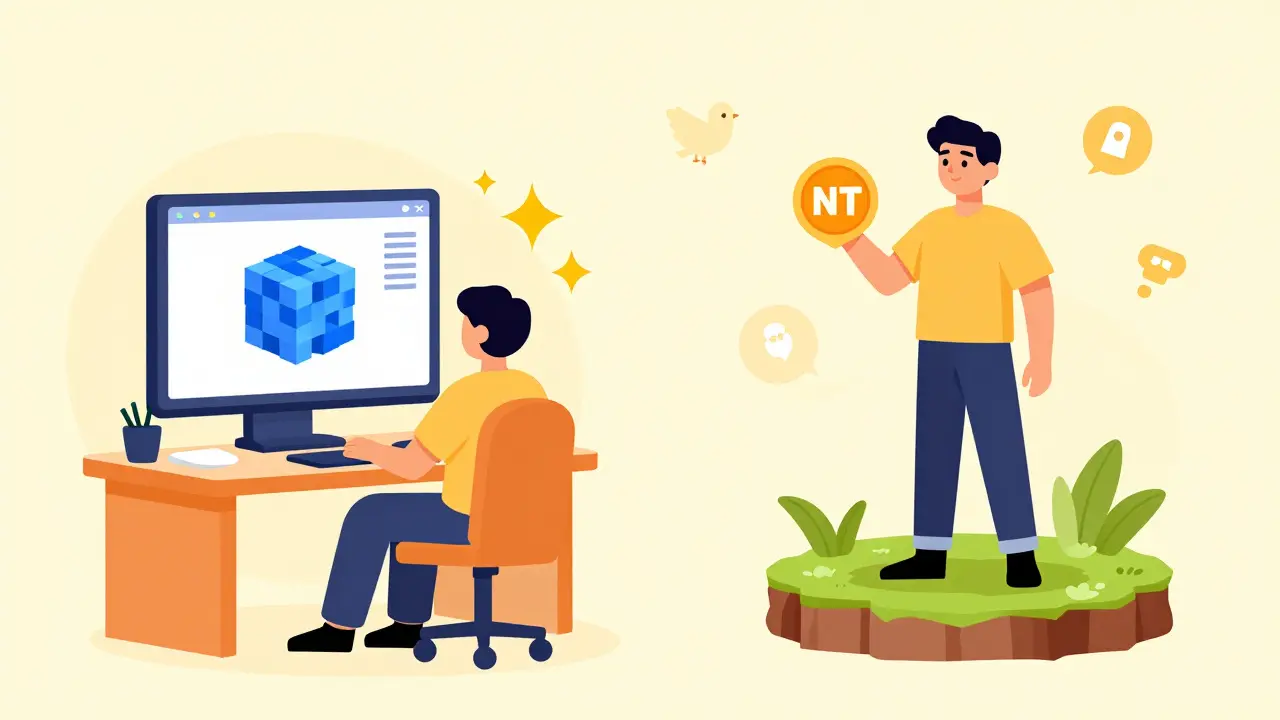 Illustration of users creating assets and standing on digital land plots.