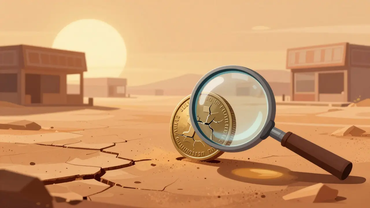 Lonely dusty coin in barren desert