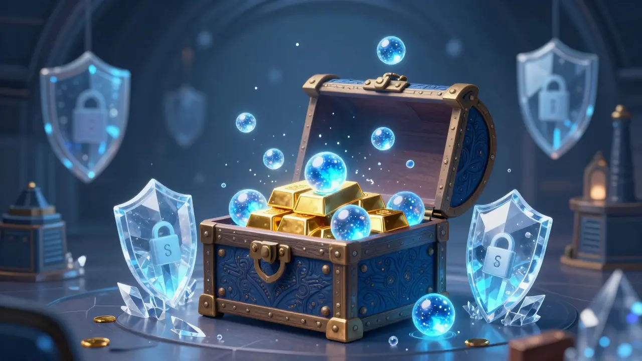Magical illustration of Solana tokens multiplying in a secure, icy vault chest.
