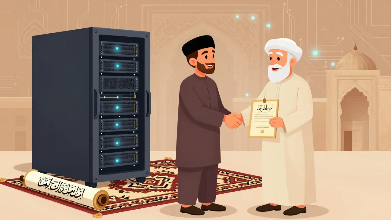 Modern tech equipment integrated with traditional Islamic cultural elements