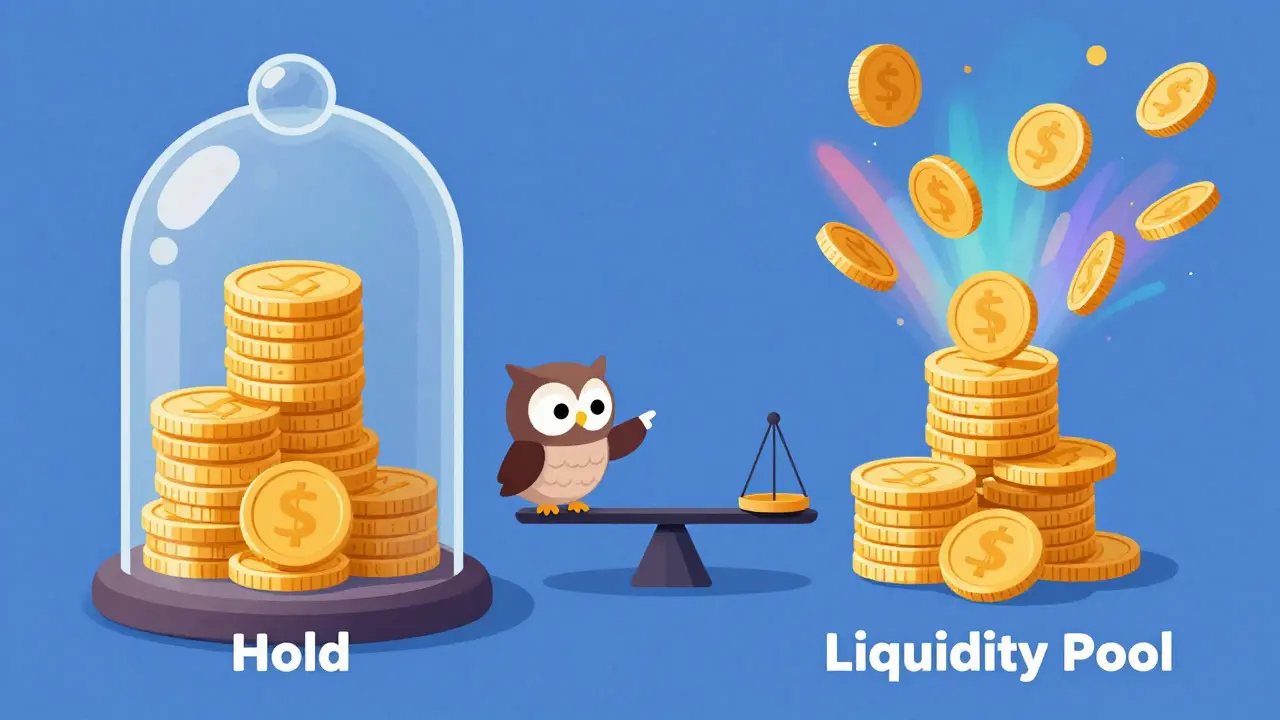 Owl comparing safe coin stack vs liquidity pool vortex with scale