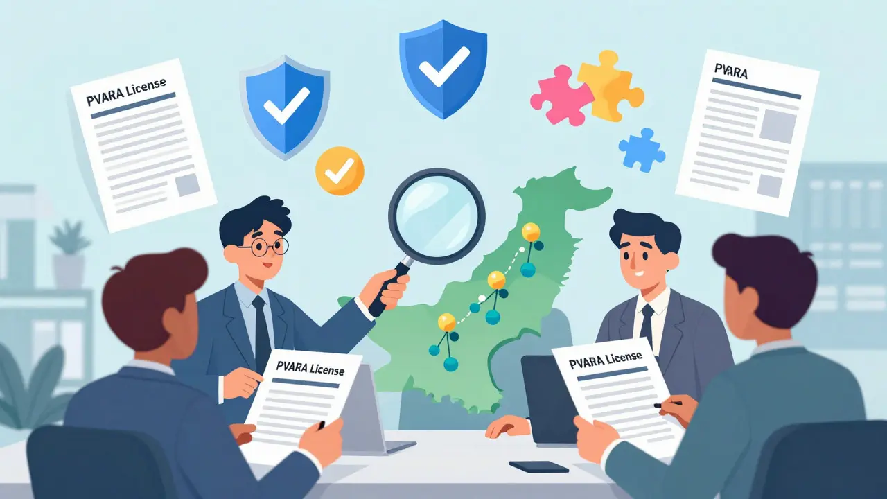 Professional team reviewing licensing documents with compliance icons