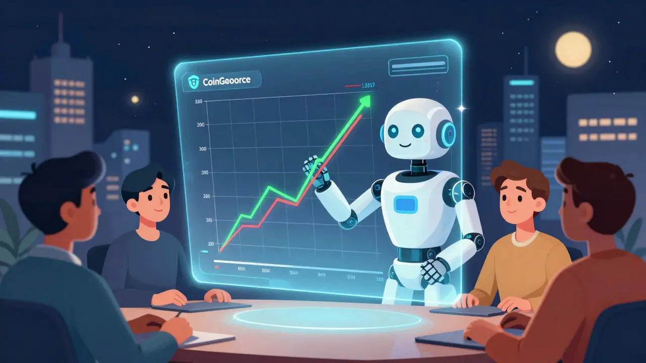 Robot showing holographic fee vs loss chart to investors