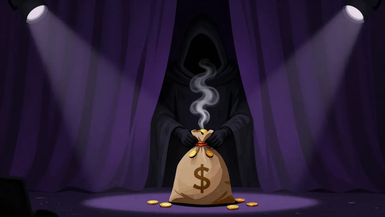 Shadowy figure with vanishing coins