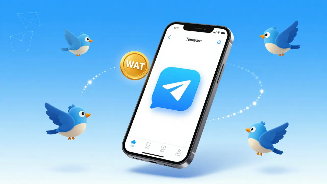 Smartphone with Telegram app spawning WAT coins and birds