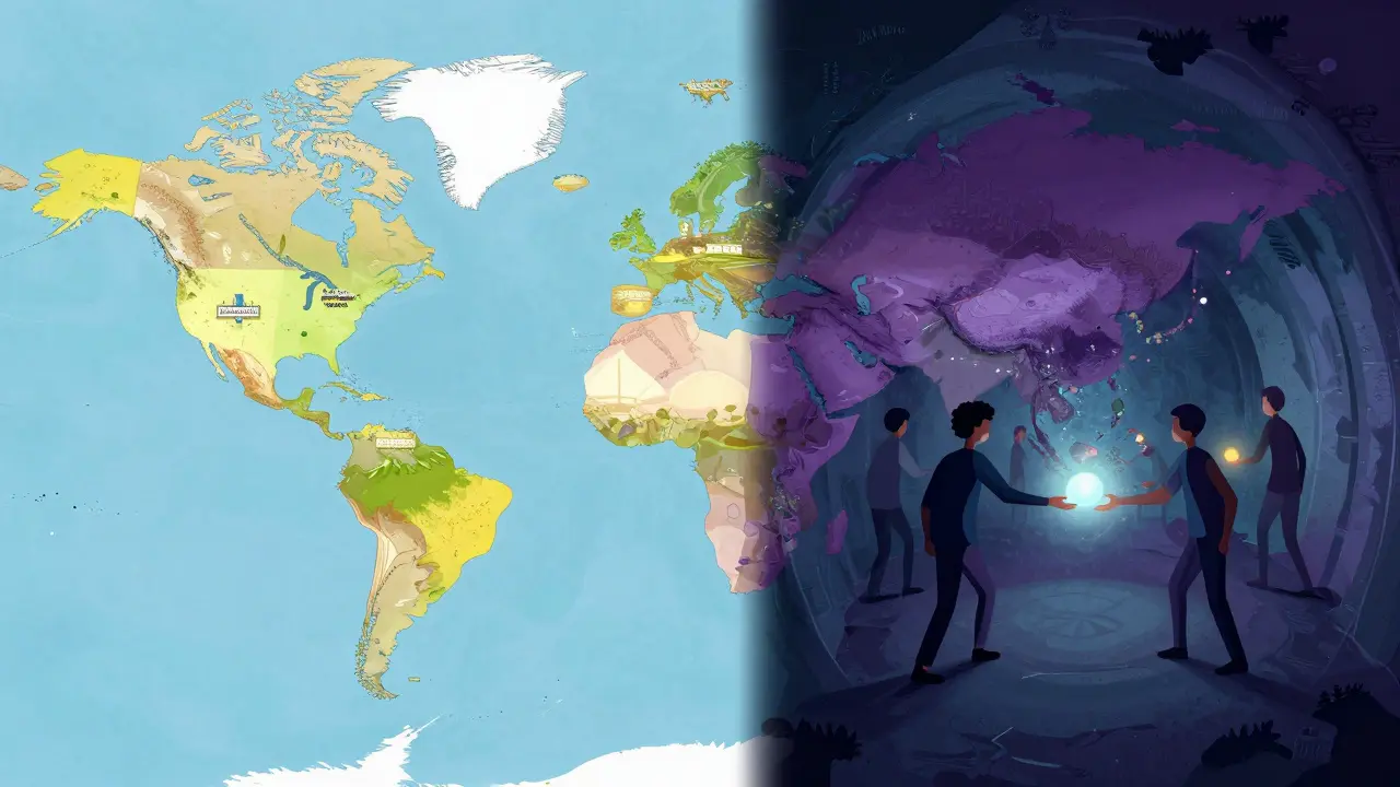 Split map illustration showing open markets vs underground crypto tunnels