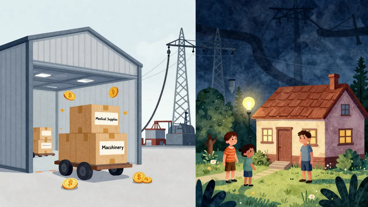 Split scene showing imported goods arriving while a village suffers from power outages due to mining.