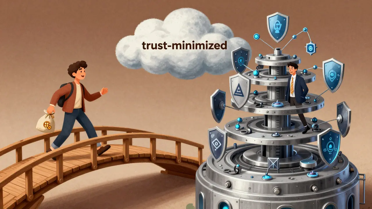Split view showing retail users on a fast bridge vs institutions on a secure, complex structure.