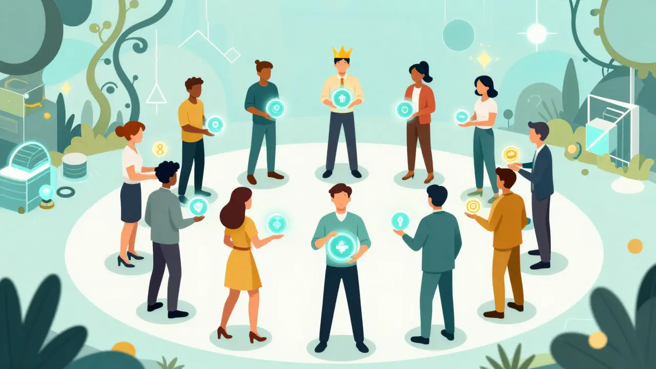 Stylized validators exchanging glowing data orbs in a futuristic circle