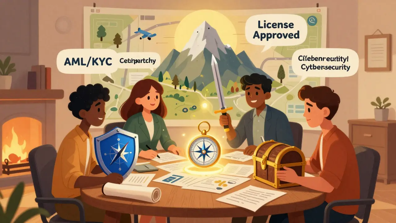 Team reviewing compliance maps and shields in a storybook-style office setting.