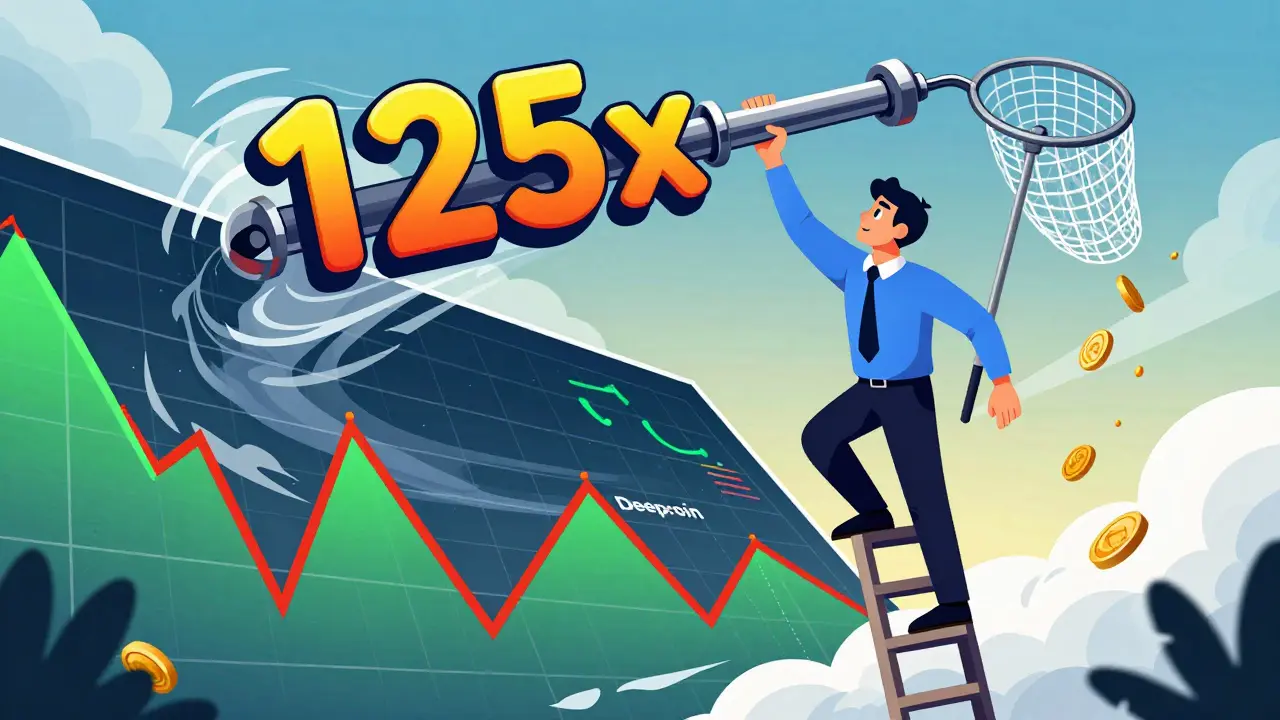 Trader using a giant 125x lever amidst swirling volatile market charts.
