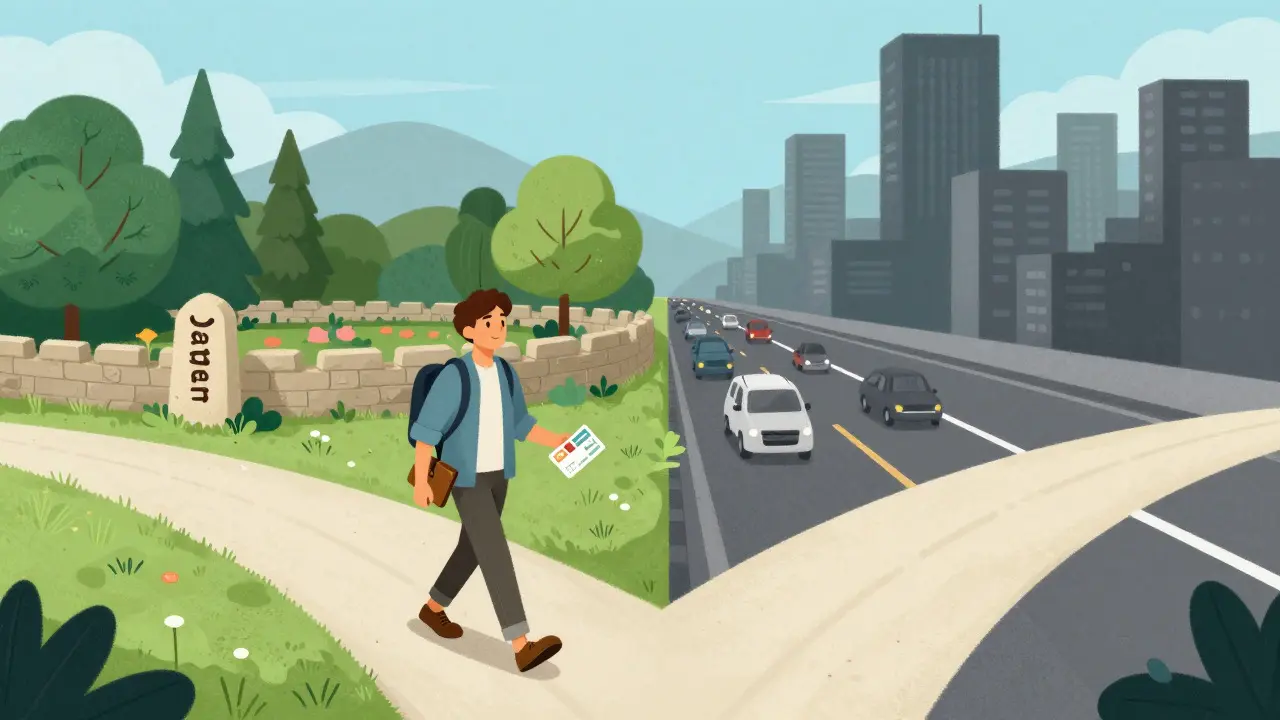 Traveler choosing a safe, secure path over a busy global highway