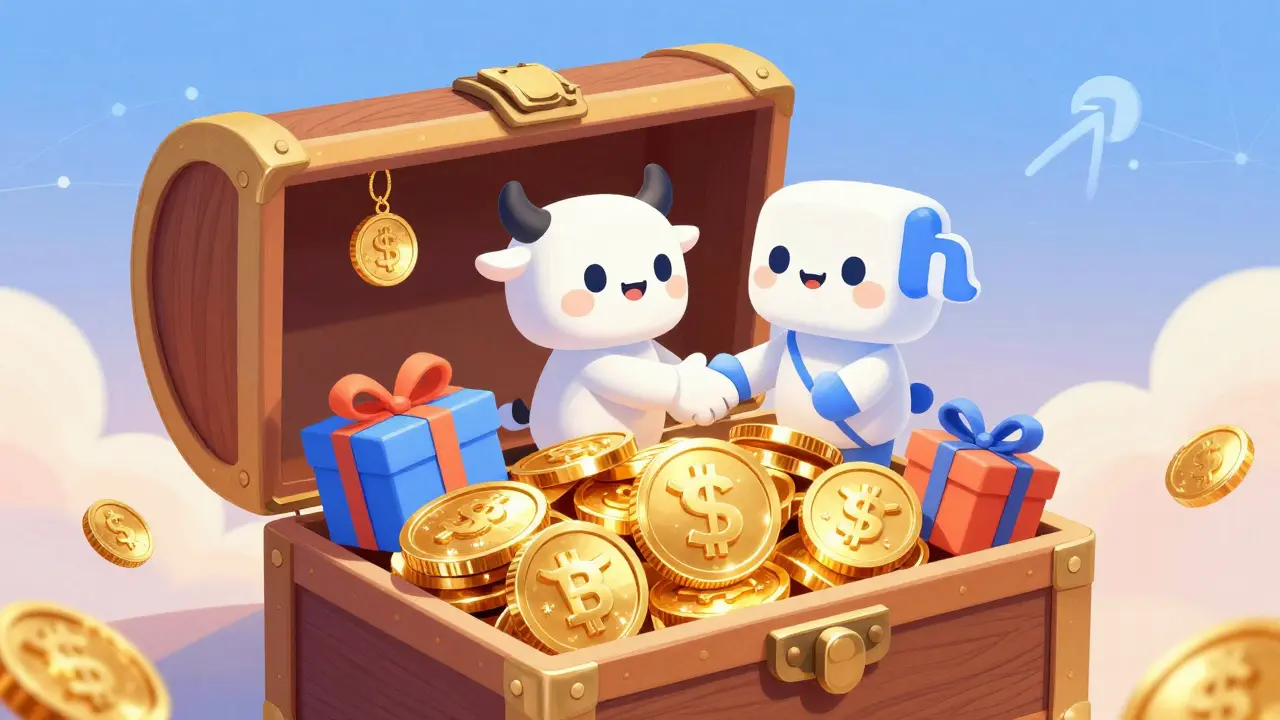 Treasure chest full of coins and tokens with shaking mascots