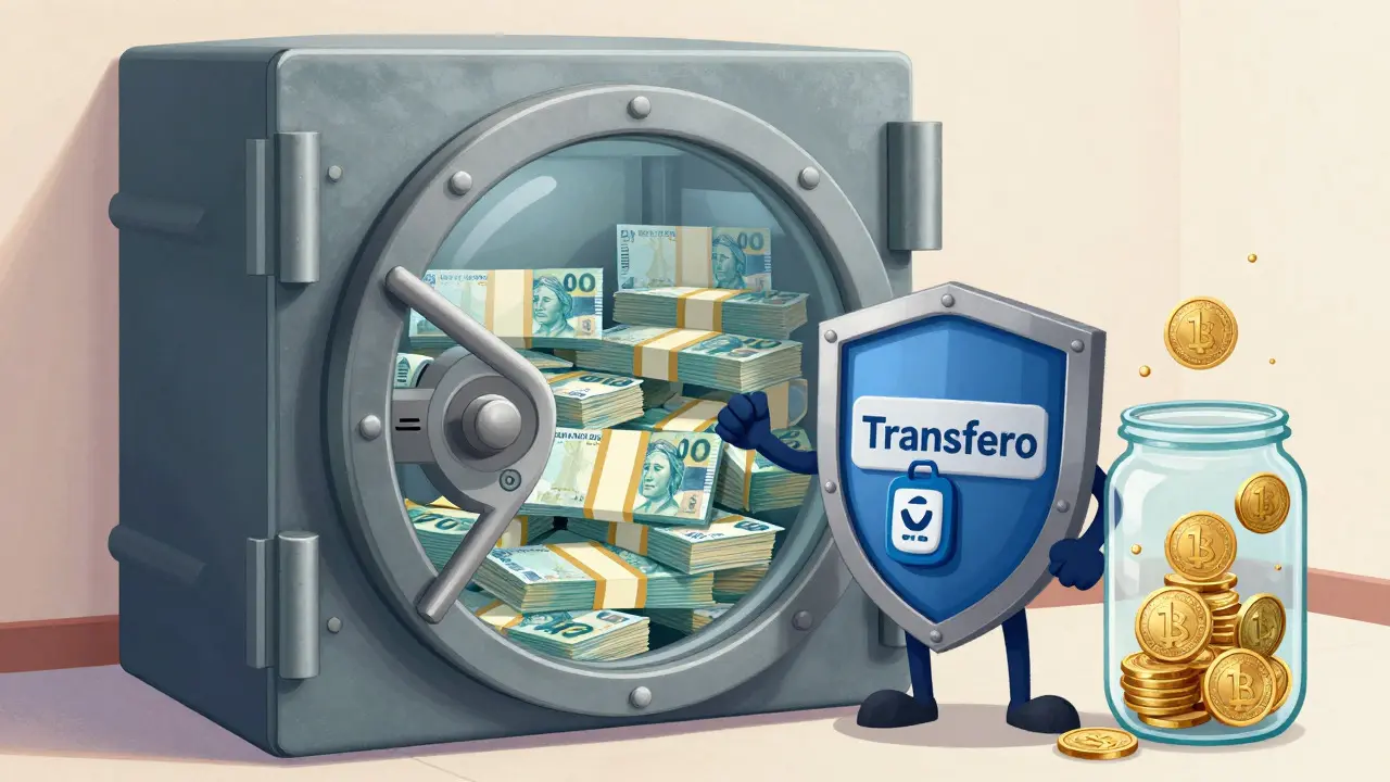 Whimsical drawing of a secure vault with Brazilian Reais and floating BRZ tokens, showing reserves.