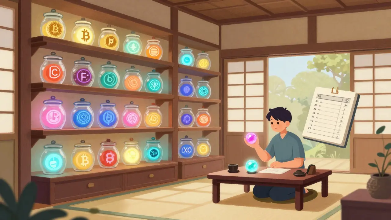 Whimsical tea house shelves filled with glowing cryptocurrency orbs