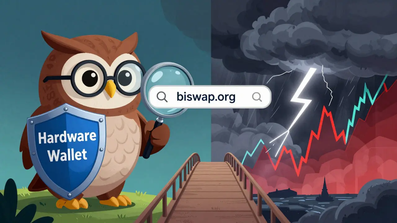 Wise owl checking a secure website URL against a backdrop of market storm clouds