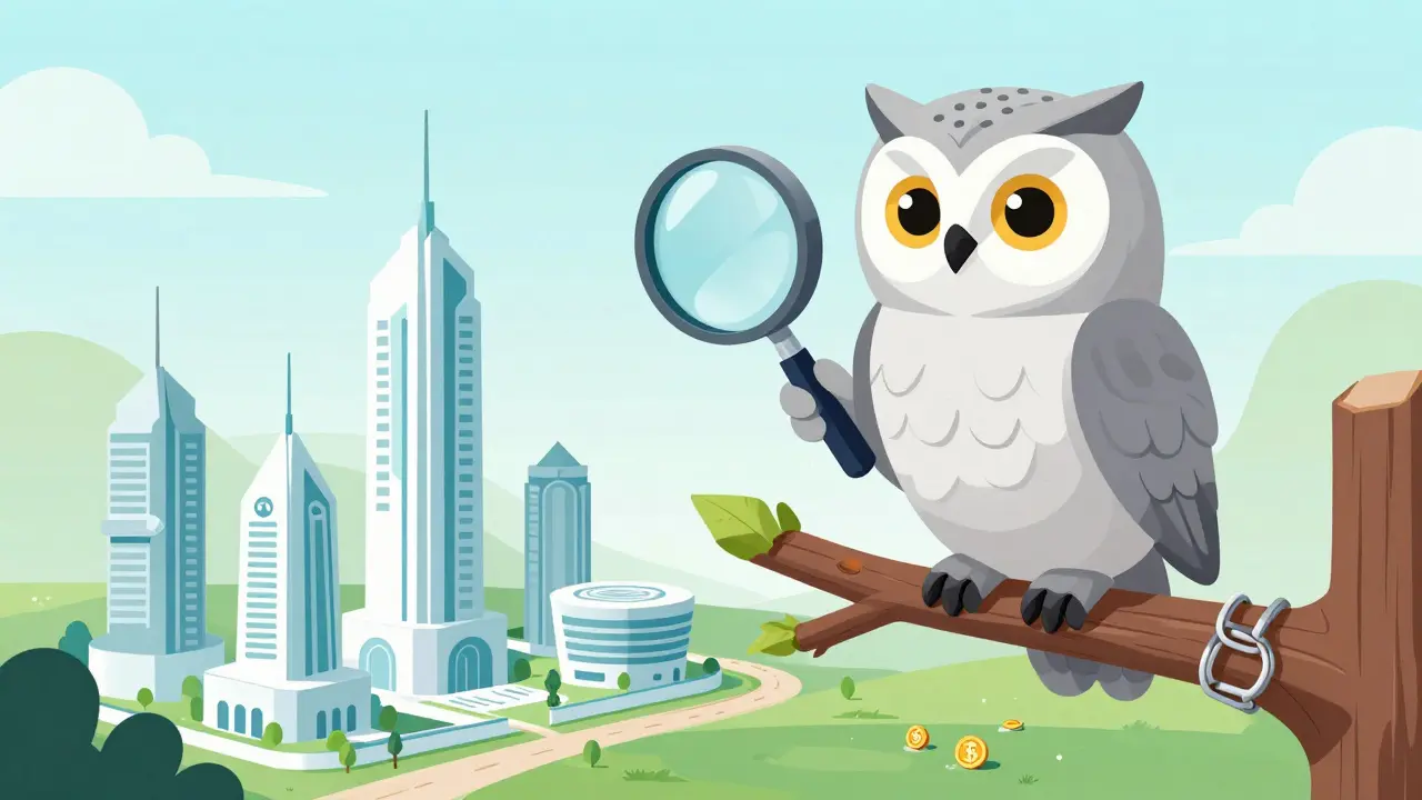 Wise owl inspecting modern blockchain projects versus old ruins.