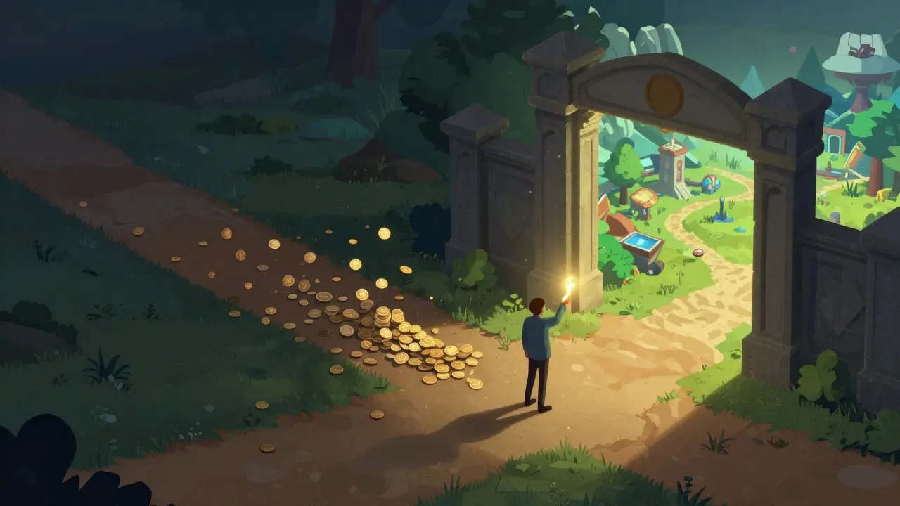 A character choosing between a path of fading coins and a glowing gate leading to a virtual game world.