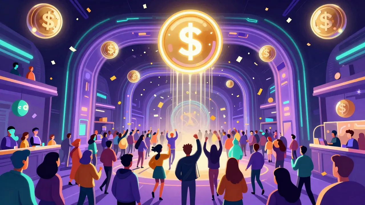 A crowd of colorful avatars entering a neon-lit arena while glowing orbs rain down from above.