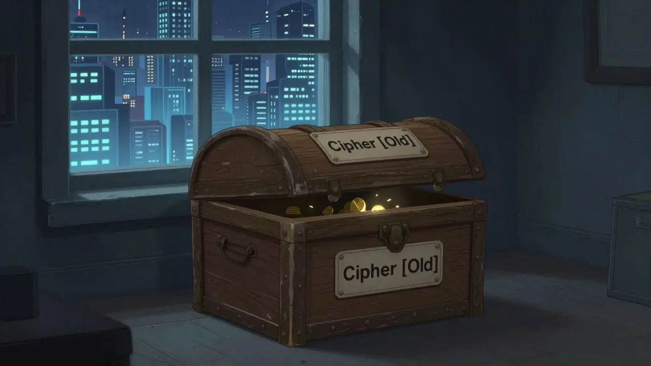 A dusty treasure chest labeled Cipher Old sits empty in a dim room, symbolizing low value.