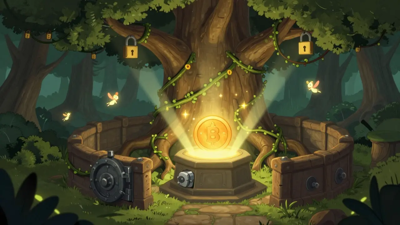 A secure tree vault protecting a glowing token with vines and locks.