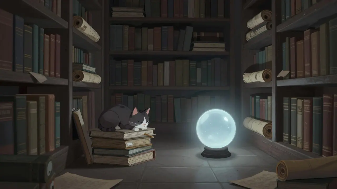A sleeping cat sitting on dusty ledgers in a dimly lit, quiet archive room