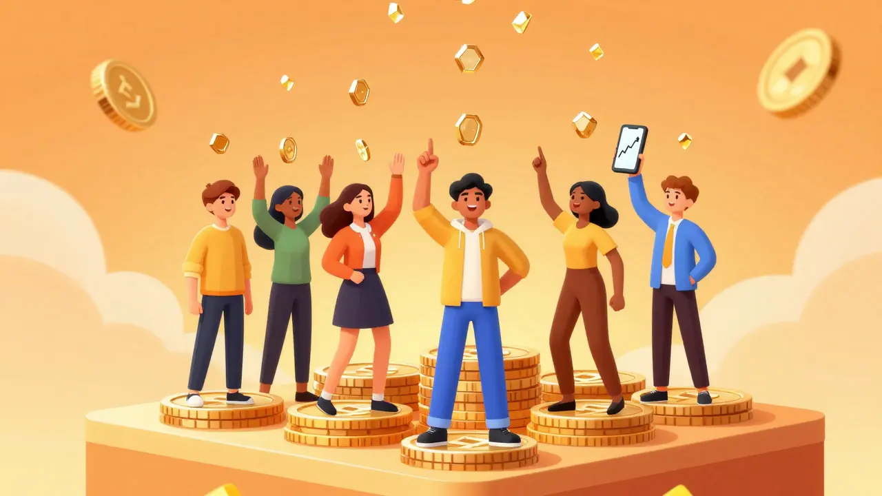 Cartoon characters catching falling gem tokens on a platform of stacked coins
