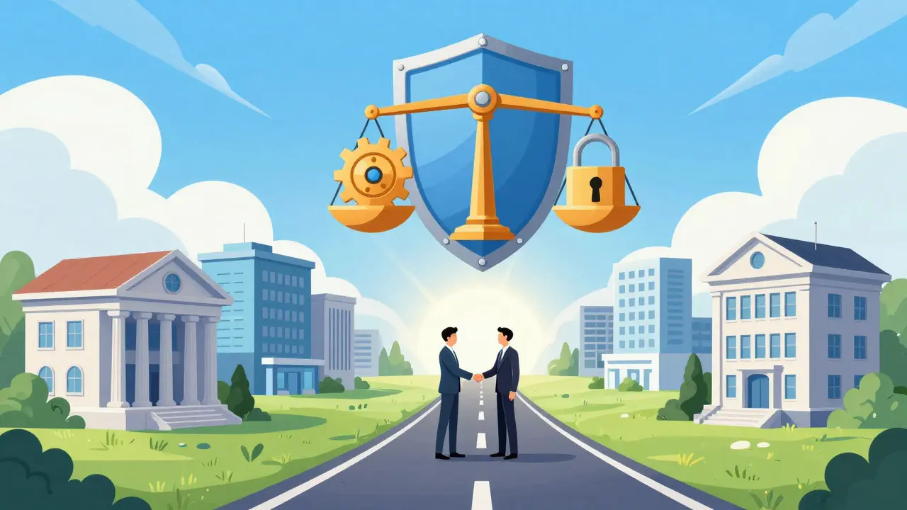 Cartoon depiction of two paths merging into a road with a protective shield balancing innovation