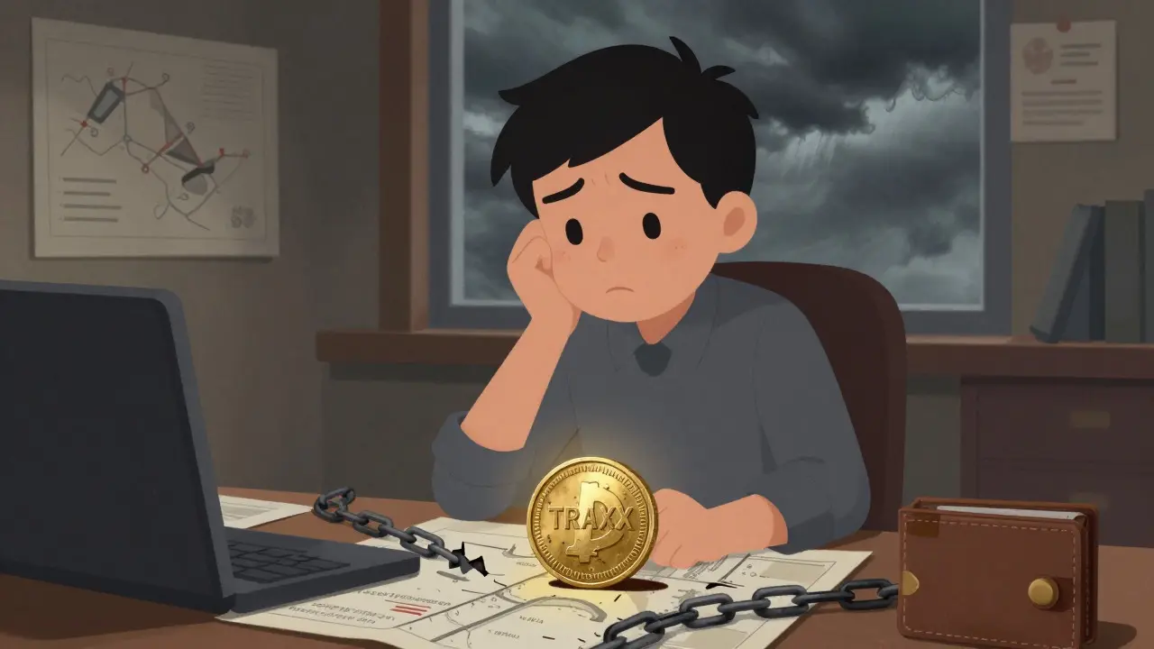 Cartoon of a worried investor holding a fading coin amidst clutter, symbolizing high crypto risk.