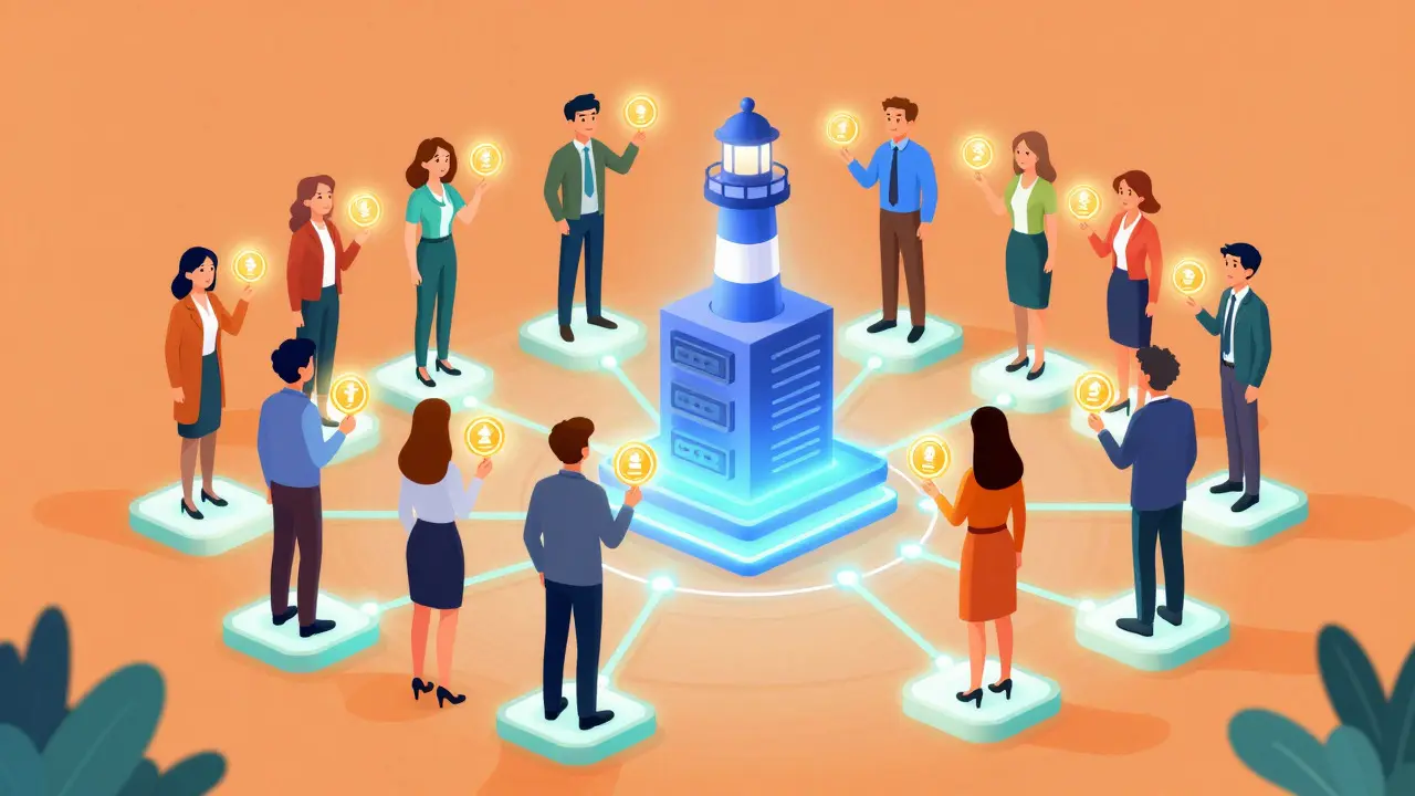 Cartoon of professionals on a blockchain path with glowing skill badges